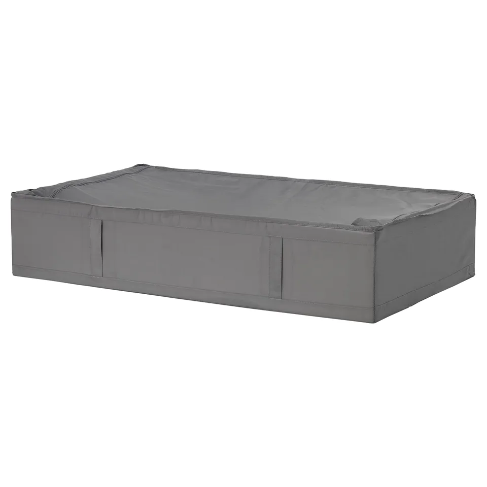 A grey SKUBB storage case, rectangular, made of recycled polyester for dust-proof clothing storage.