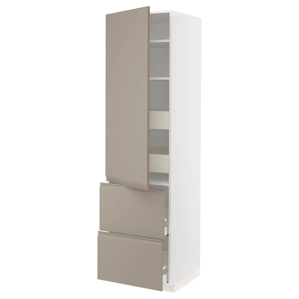 Modern kitchen cabinet set, beige, metal and plastic, tall and slim, minimalist design.