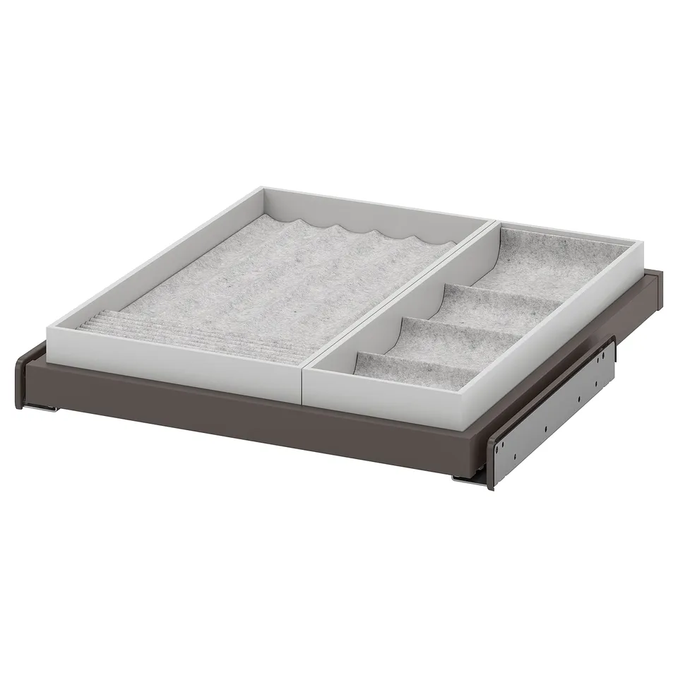 KOMPLEMENT pull-out tray, grey, felt-lined, rectangular, divided compartments.
