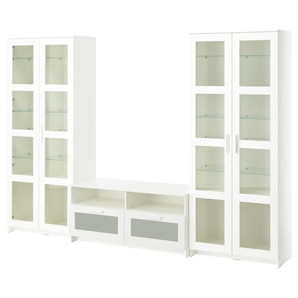 Two white BRIMNES glass-door bookcases and a tv bench with frosted glass doors and shelves.
