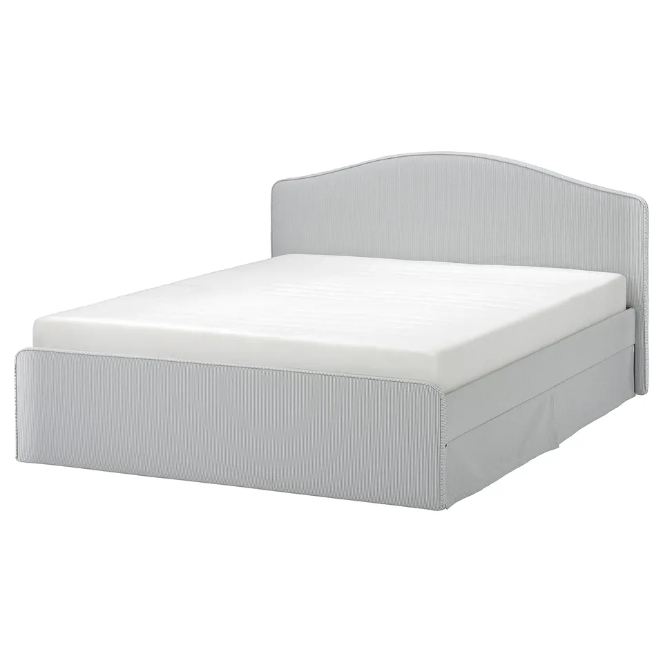 Ramnefjall bed, light grey, striped fabric, curved headboard, rectangular base.