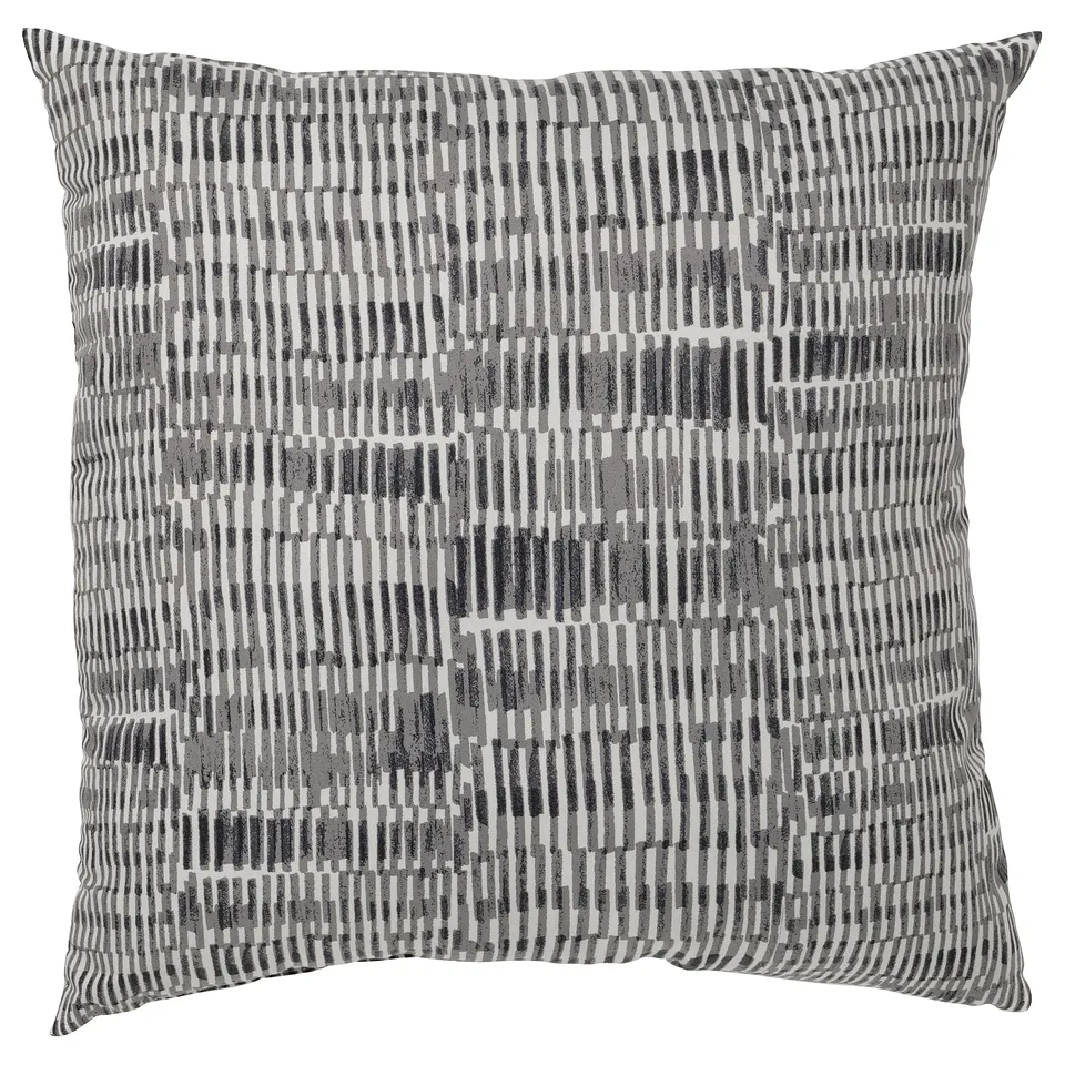 Square grey and white patterned cushion with recycled polyester cover and filling.