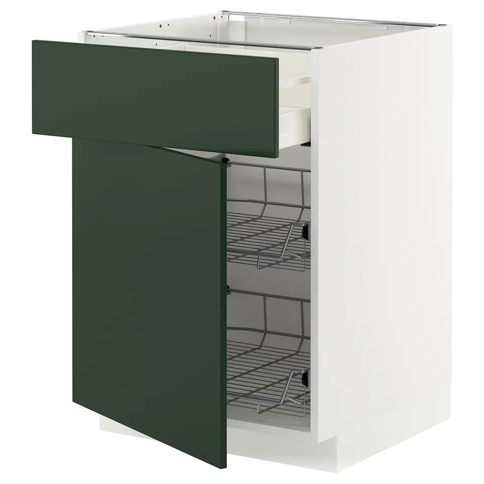 A white METOD kitchen cabinet with a green drawer and pull-out wire baskets.
