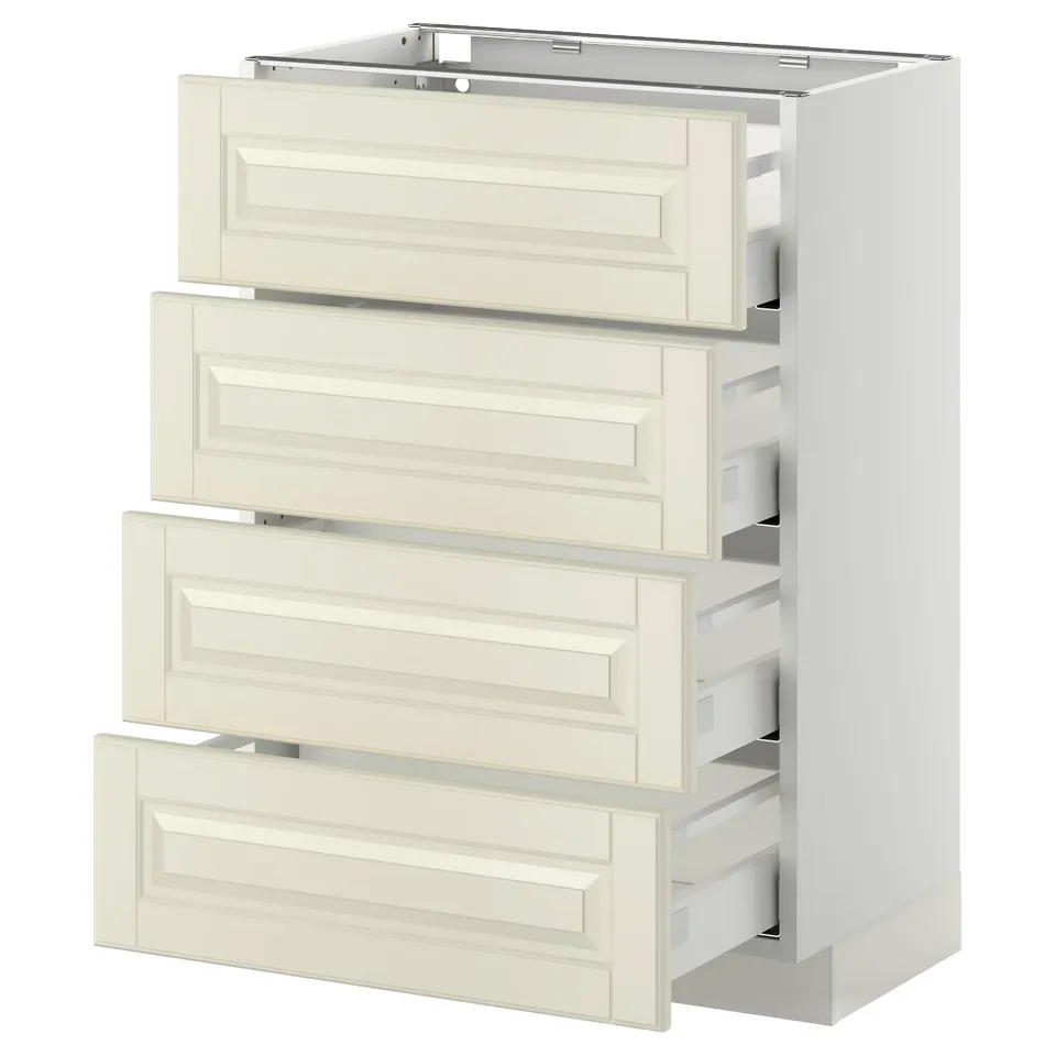 This is an a white ikea METOD kitchen unit with four off-white drawers featuring bevelled edges. The unit is rectangular with a sleek, modern design.