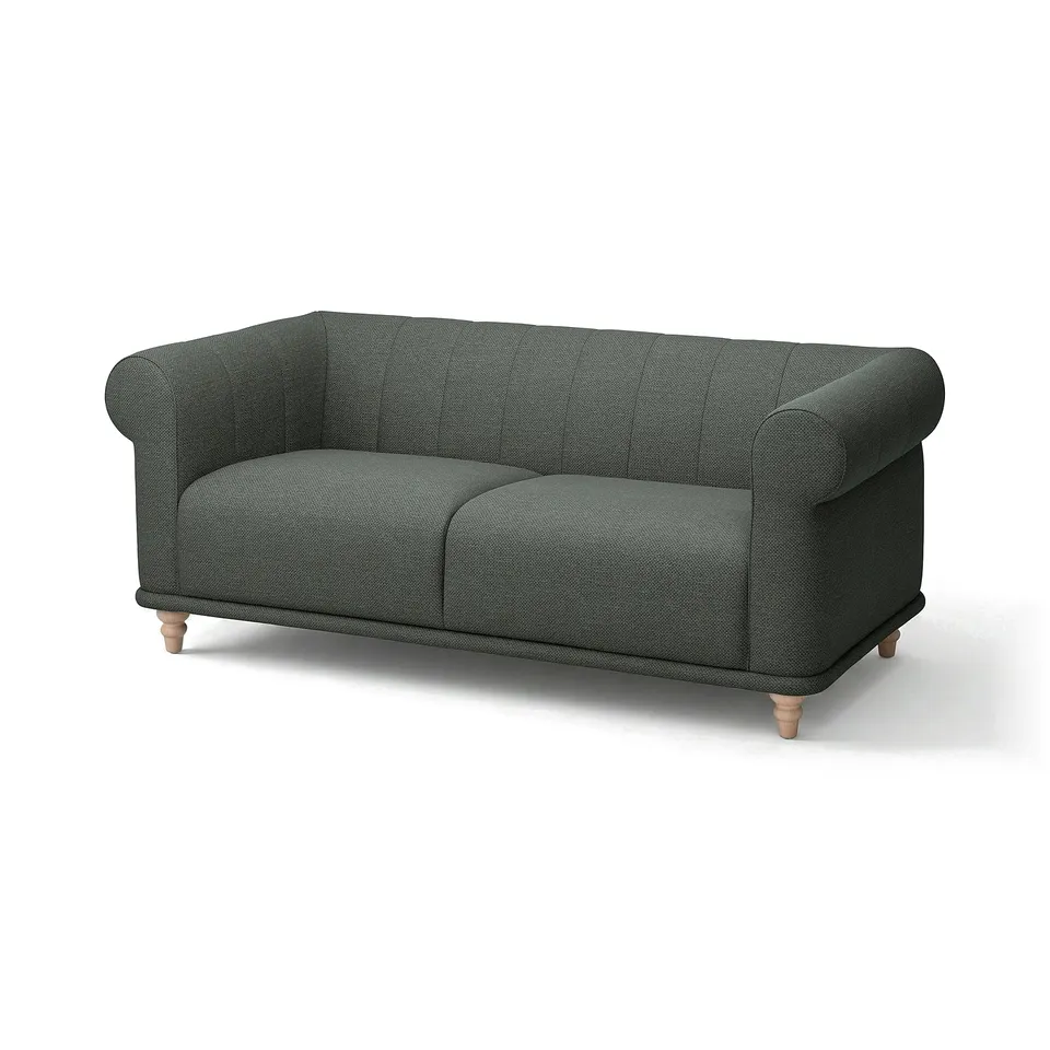 VISKAFORS teal sofa, classic design, deep seats, wooden legs.