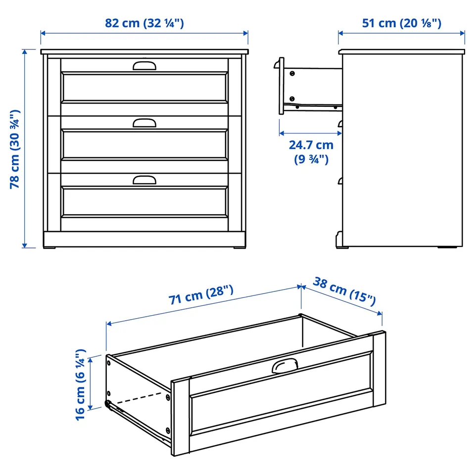 FÅGELFJÄLLET Chest of 3 drawers, off-white, 82x51x78 cm