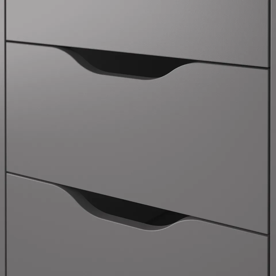 Grey drawer unit with smooth finish and cut-out handles, showcasing modern and clean design.