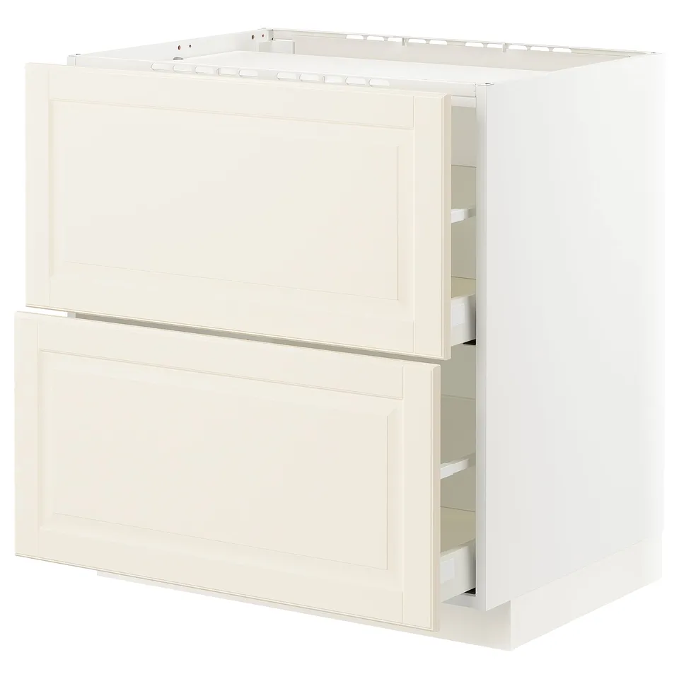 Off-white kitchen cabinet with drawers, traditional design.
