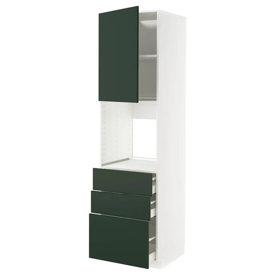 Modern kitchen unit: METOD with green havstorp fronts, white frame, three drawers, one shelf.