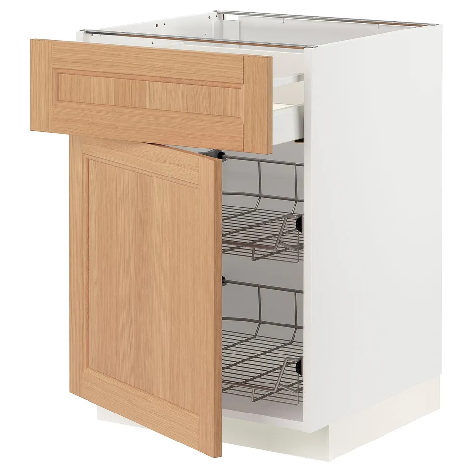 An open white METOD kitchen cabinet with oak doors and wire shelves.