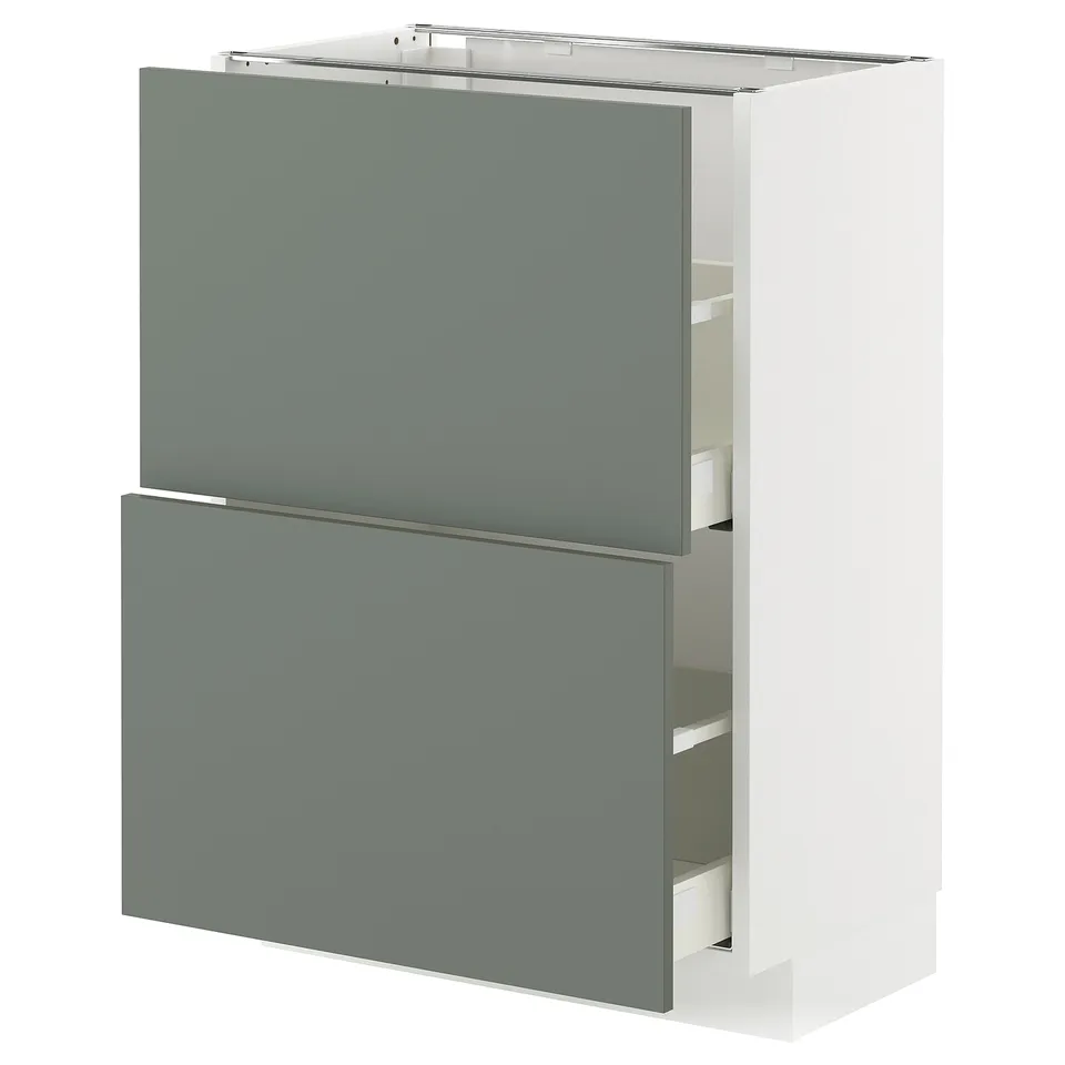 Modern kitchen cabinet in grey-green with two drawers. Made of particleboard, steel, and plastic. Simple and sleek design.