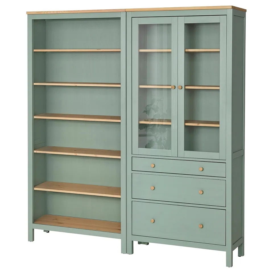 HEMNES: light green bookshelf & cabinet combo with rustic shelves & glass doors.
