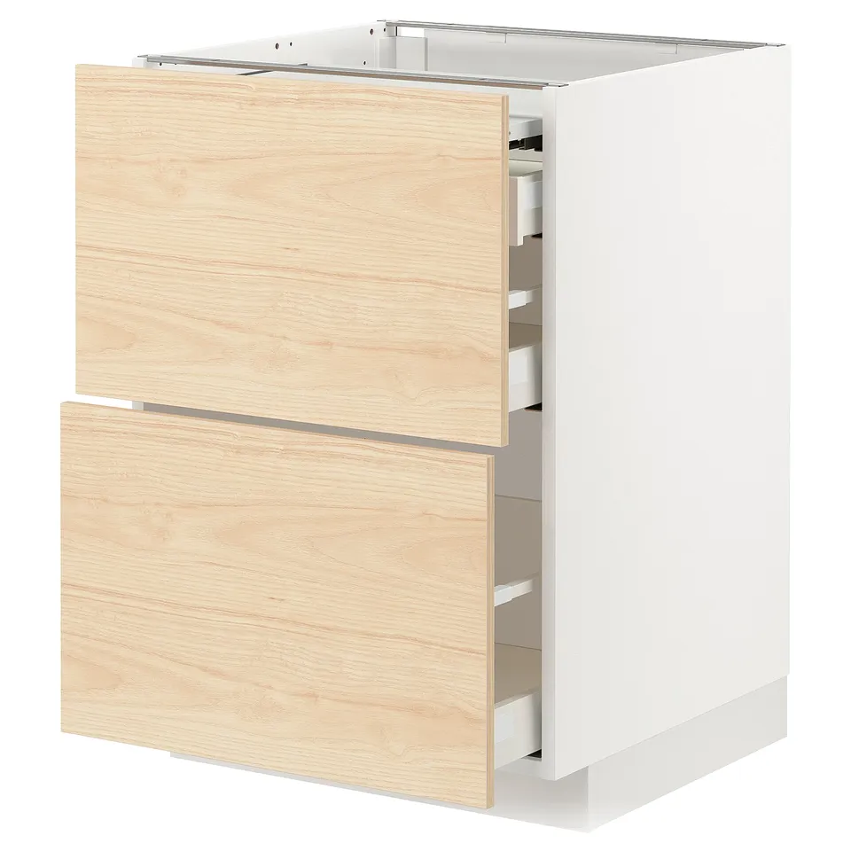 Light ash cabinet with two open drawers, white base, modern kitchen design.