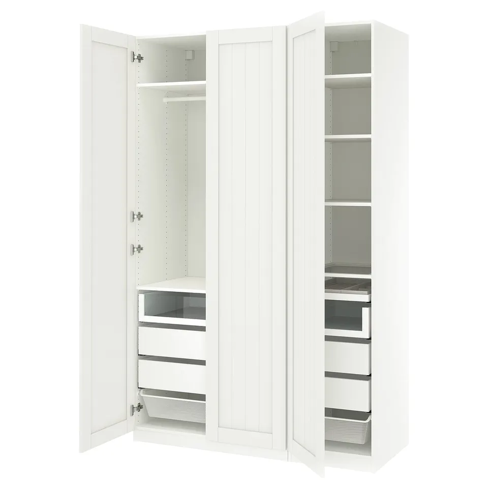 This image shows an open white ikea PAX wardrobe with shelves and drawers.