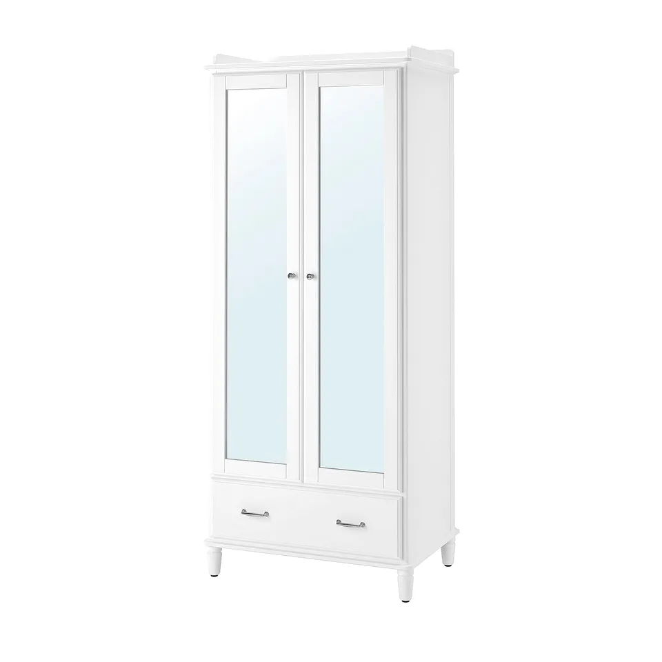 A white TYSSEDAL wardrobe with mirrored doors and wooden legs.