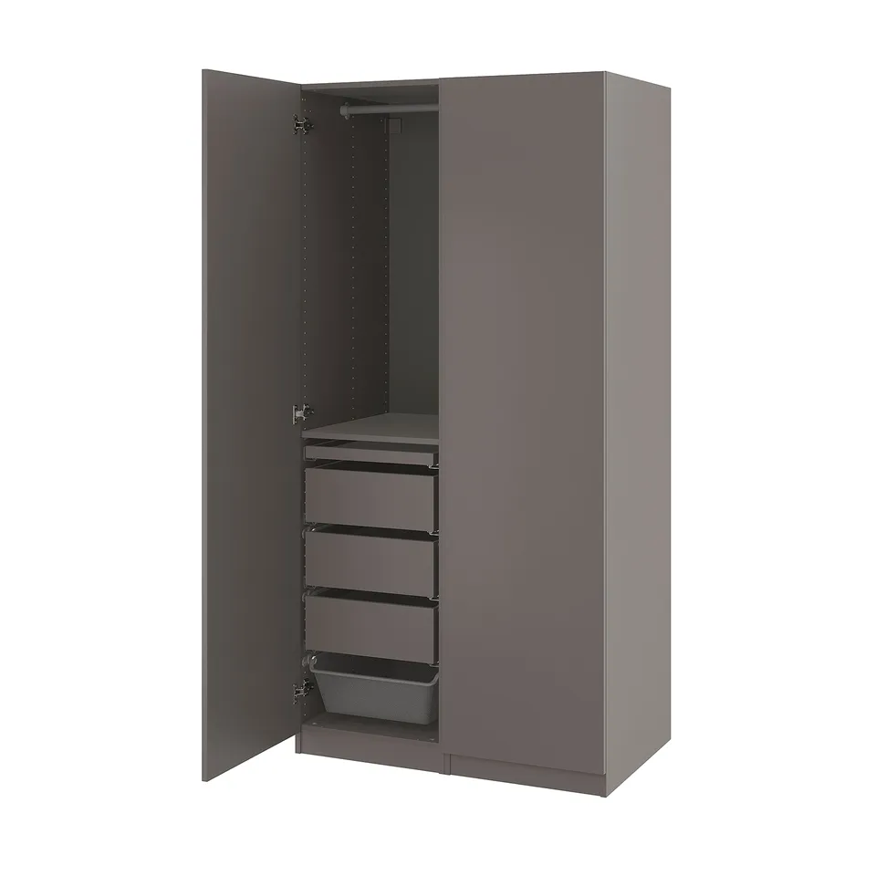 PAX wardrobe in grey with drawers and shelves open, showing interior storage solutions.