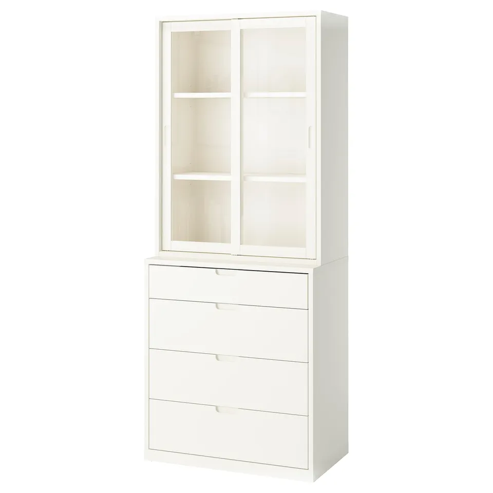 TONSTAD off-white cabinet & chest: 4 drawers, glass doors, clean lines, quality feel.