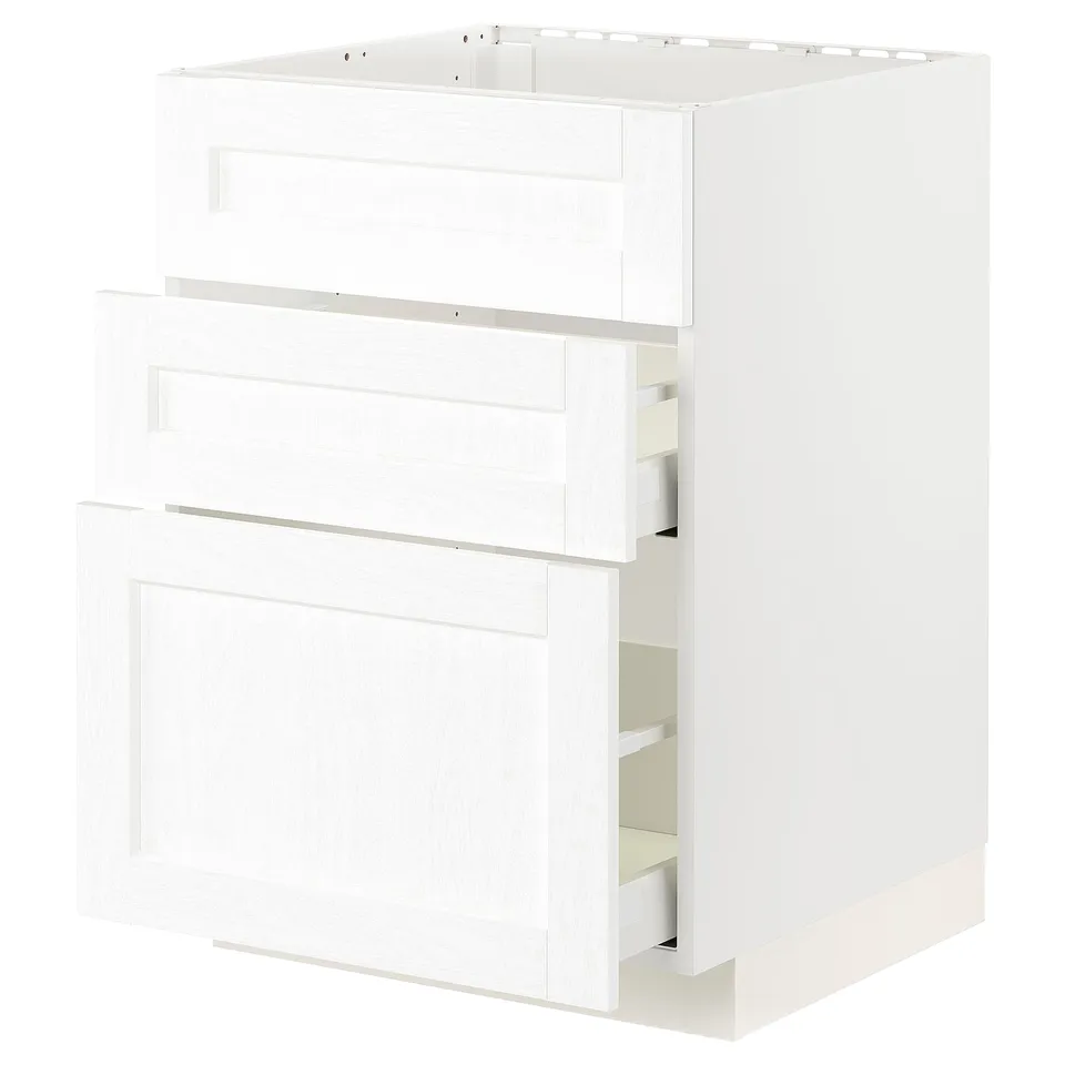 White ikea METOD kitchen cabinet with three drawers.