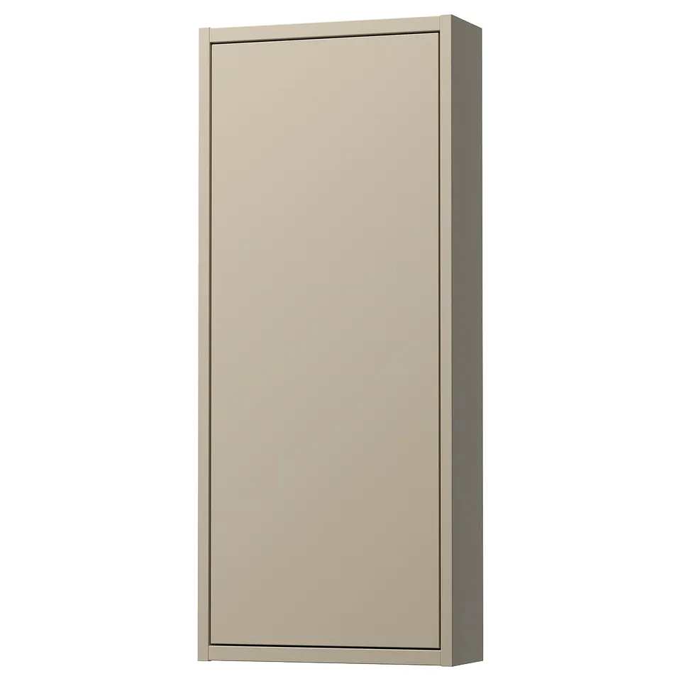 Havbaeck wall cabinet, beige. Square, flat front, shallow storage.