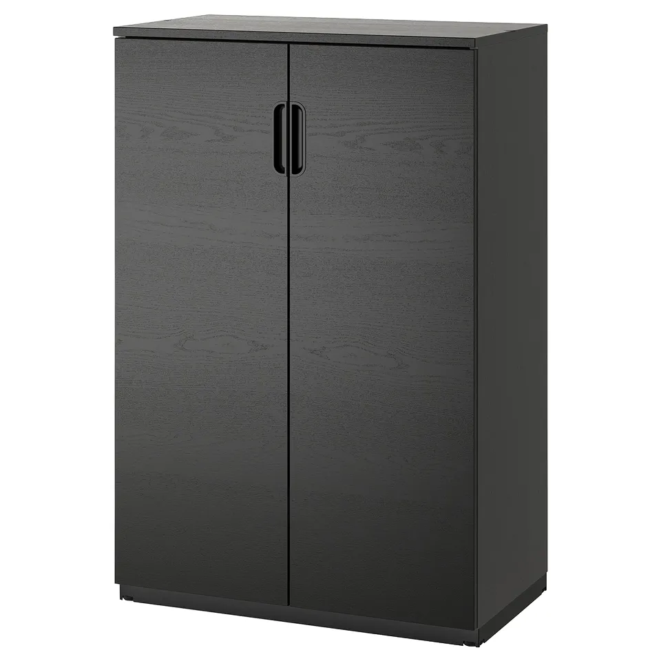 GALANT: grey cabinet with two doors. Dark wood texture, rectangular shape, and hidden handles.