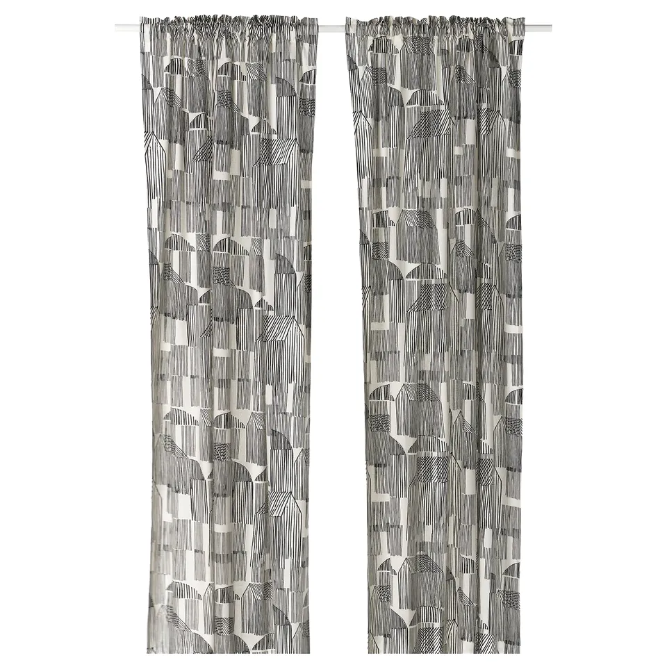 Tempefly black & white patterned curtains with heading tape, cotton/jute blend, rectangular, rusticpaisley design.