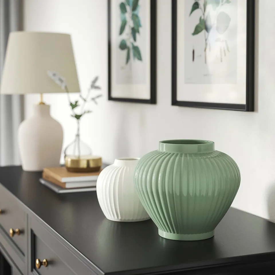 Two PELARBJÖRK vases in grey-green glazed stoneware with ribbed design on black surface.