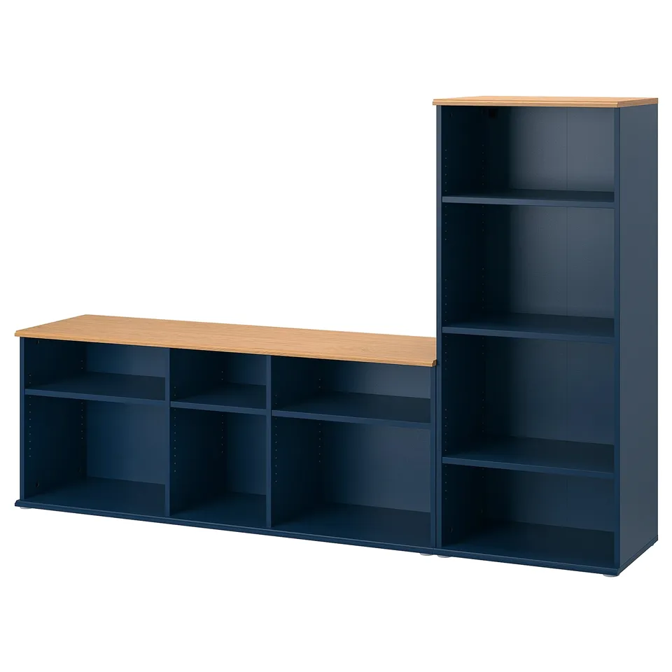 Navy blue SKRUVBY set - long & tall storage units, wooden tops.
