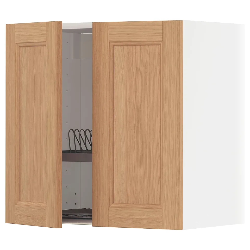 A wooden kitchen cabinet set with light oak doors open, revealing an interior shelf and a dish rack.