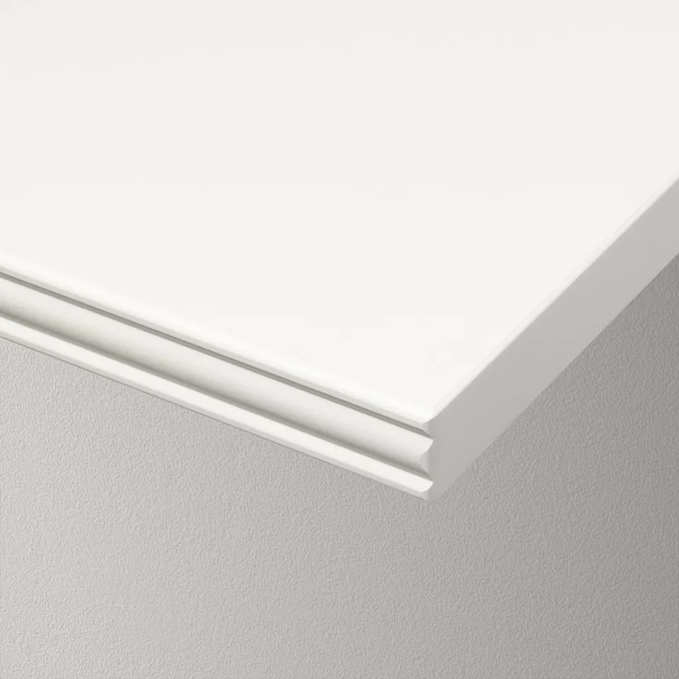 Modern wall shelf with sleek, bevelled edge design, white finish.