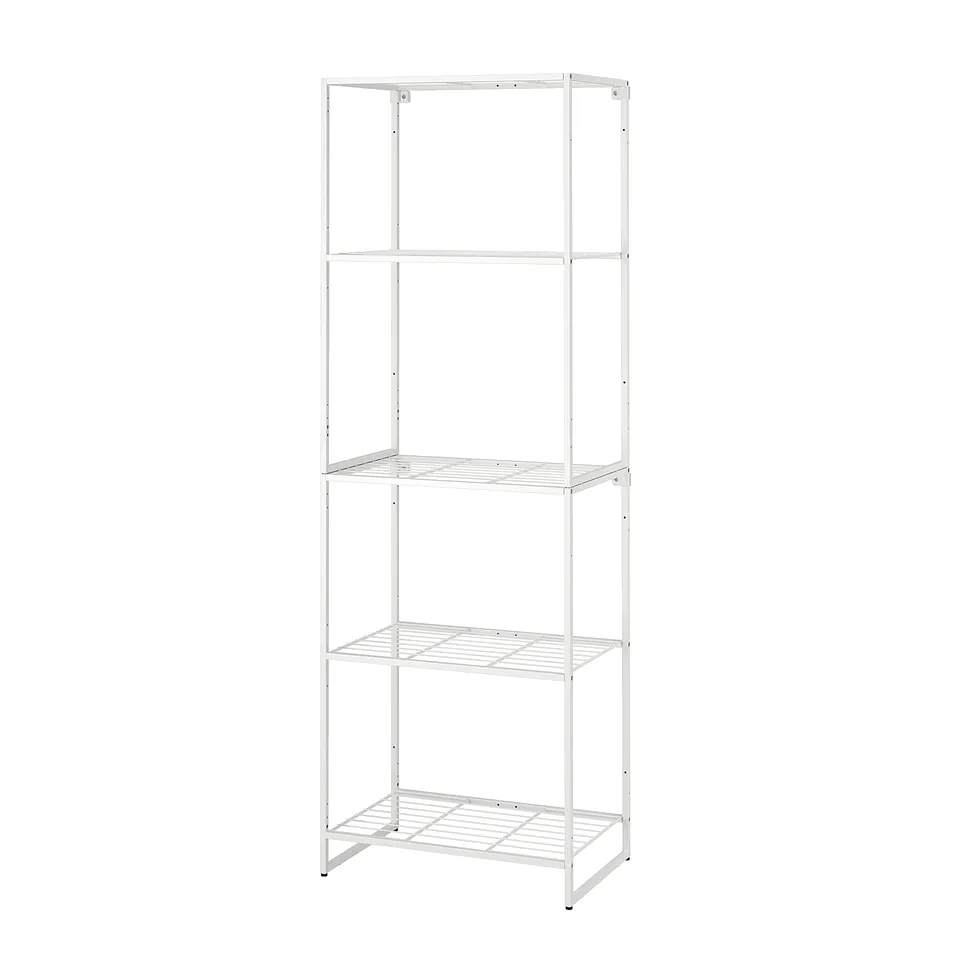 A white JOSTEIN shelving unit with four metal shelves, designed for indoor and outdoor use in humid areas.