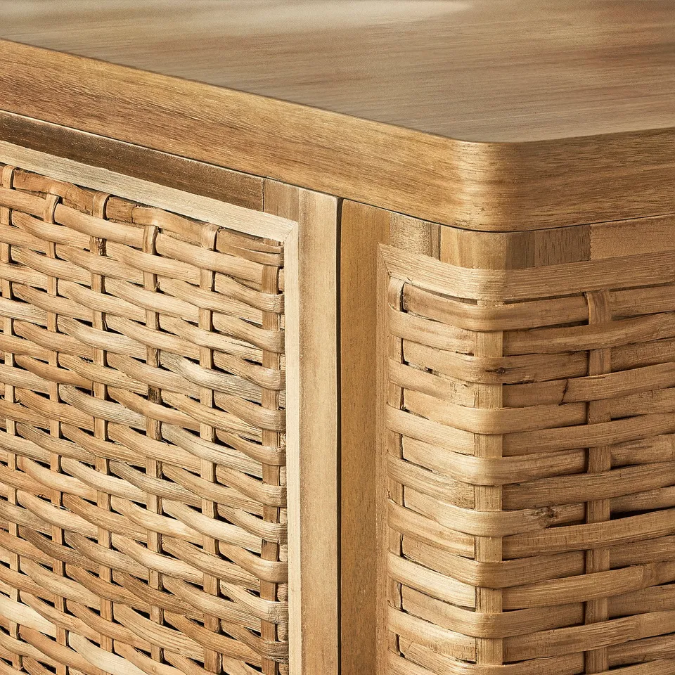 High-quality wicker cabinet in natural wood with sturdy build and fine details.