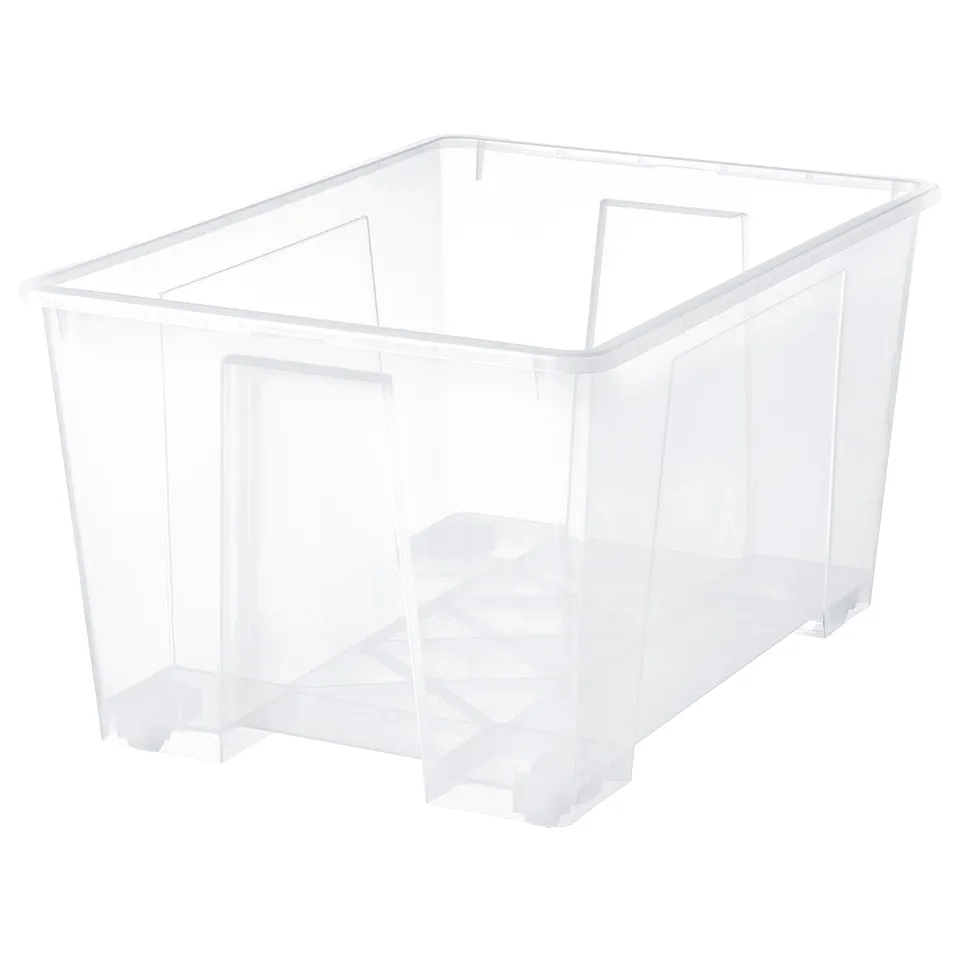 A clear plastic storage box, SAMLA, designed for heavy items with wheels for easy mobility. Its transparent for easy visibility.