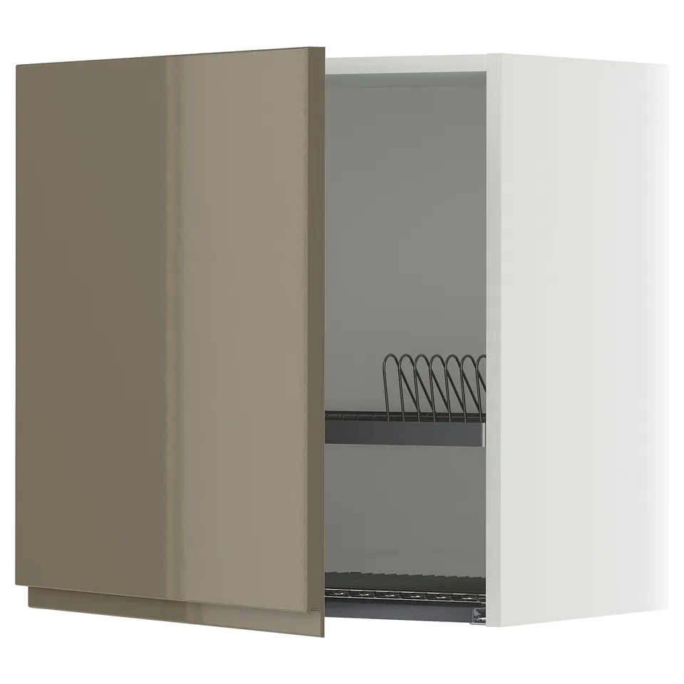 An open modern kitchen cabinet with dark grey-brown glossy doors and an adjustable shelf.