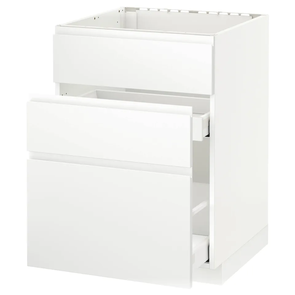 White METOD kitchen cabinet with drawers, minimalist design.