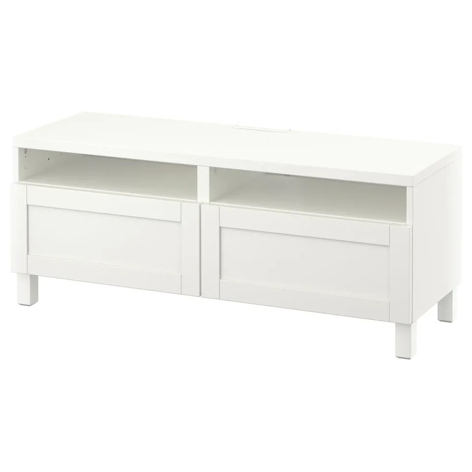 White BESTÅ tv stand: modern, rectangular with shelves and drawers, cable management at back.