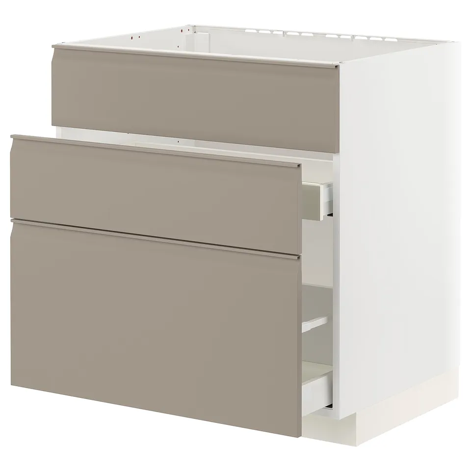 A sleek, modern kitchen cabinet in matte grey-beige with two drawers and a boxy shape. It integrated handles and a minimalist, flat design.