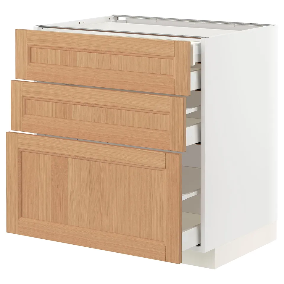 White ikea METOD kitchen cabinet with 3 oak drawers, sleek handles, minimalist design.