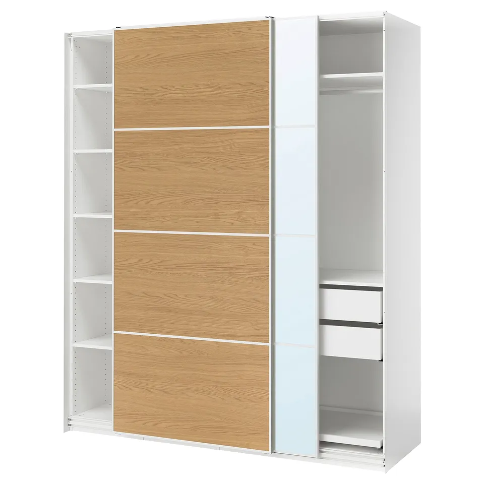 PAX / MEHAMN/AULI Wardrobe with sliding doors, white white/oak effect mirror glass, 200x66x236 cm