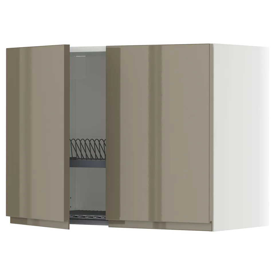 Modern kitchen wall cabinet, beige, glossy finish, handles integrated, one door open, steel shelves.