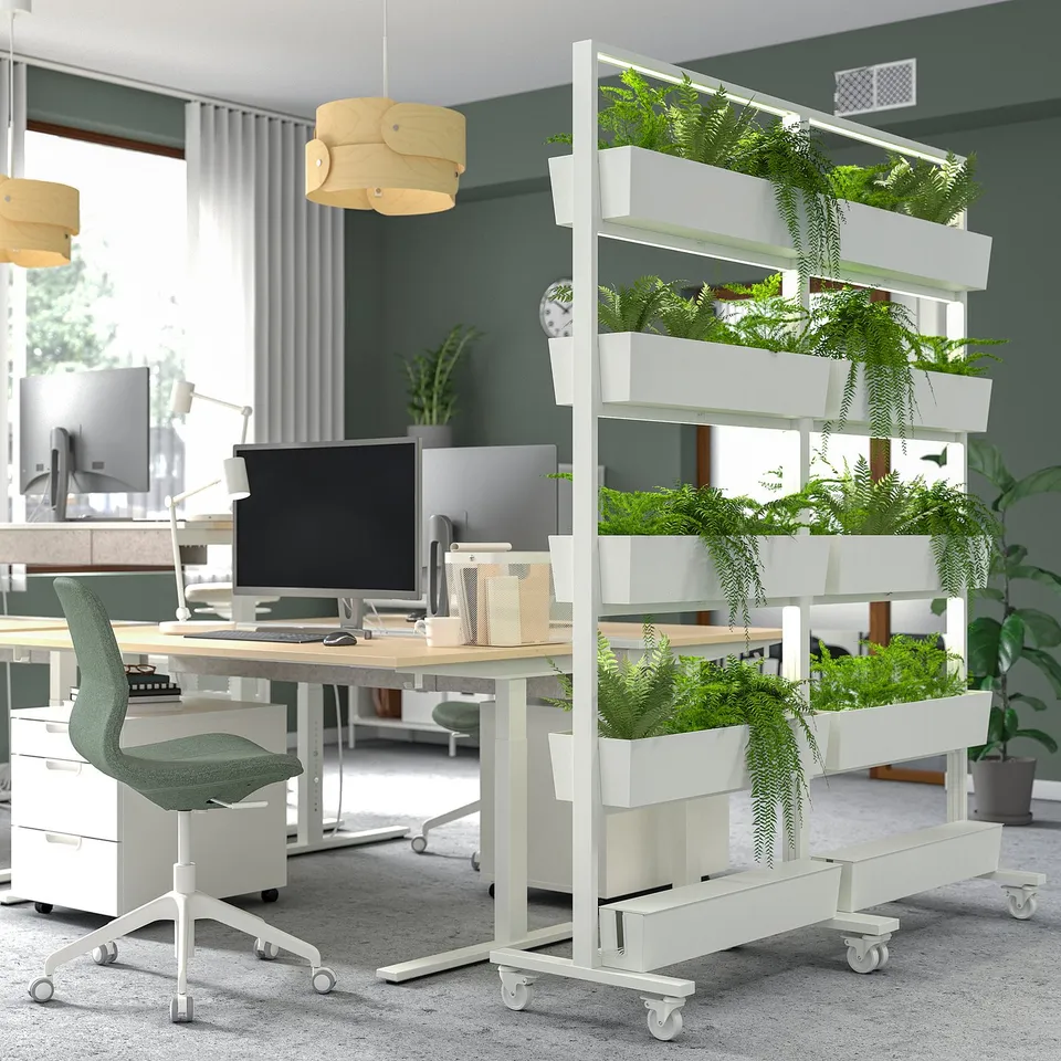 Modern office with MITTZON green divider; white, adjustable, wheeled, supports plants.
