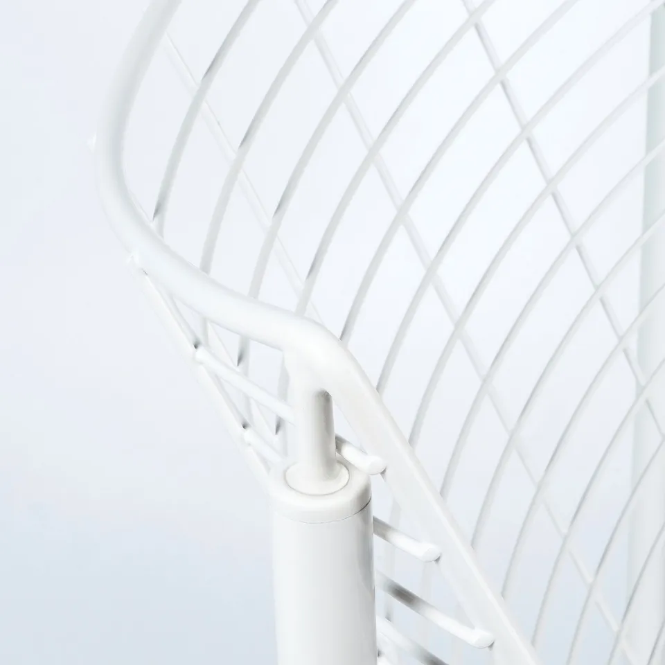 Close-up of SKÅLBODA chairs sturdy plastic armrest and lattice back, showcasing its robust design and durability.