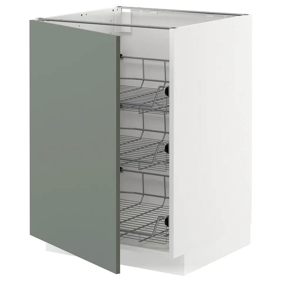A modern grey-green kitchen cabinet with multiple wire shelves. The cabinet a sleek, rectangular design and smooth pull-out baskets.