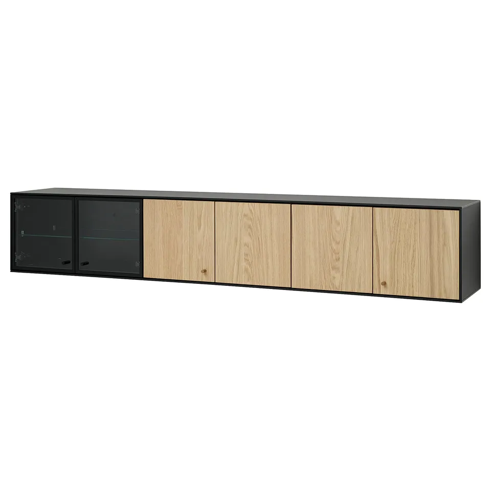 BOASTAD wall shelf, black and oak, 4 doors, slim design, bi-fold doors, display & storage.