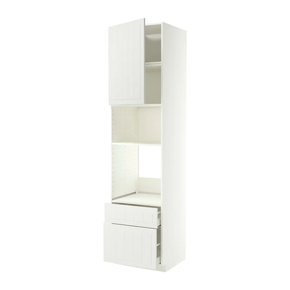 White METOD kitchen unit, tall with cabinets and drawers, integrated handles.