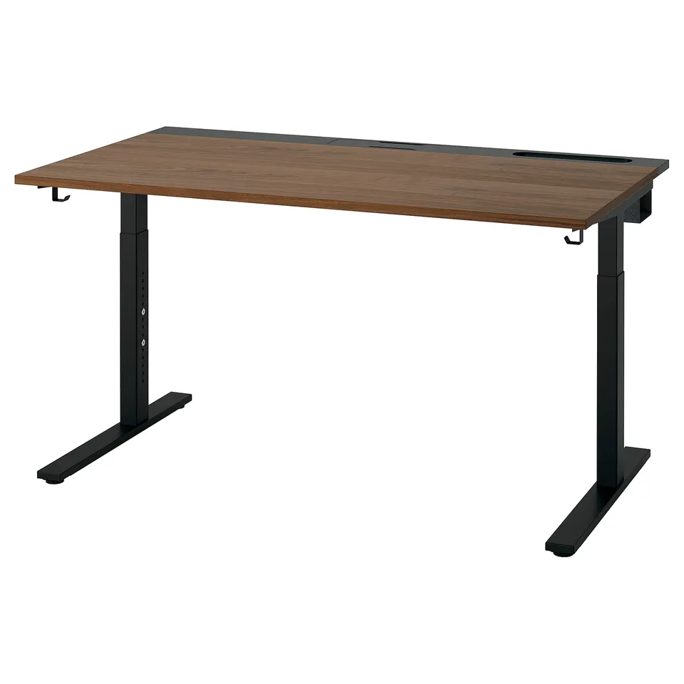 MITTZON adjustable desk in walnut and black. Rectangular top with black metal legs. Height-adjustable, suitable for standing/sitting.