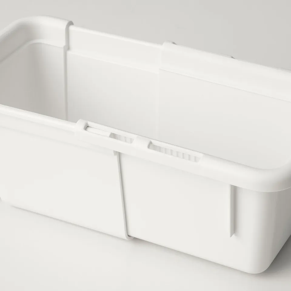 White extendable plastic storage box. Sleek, practical design for efficient space utilisation.