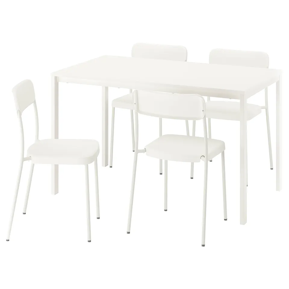 A white VIHALS dining set with a rectangular table and four stackable chairs.