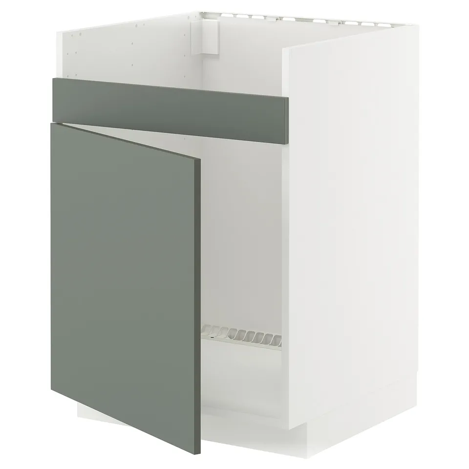 Ikea METOD kitchen unit in grey-green with white frame, rectangular shape, modern design.