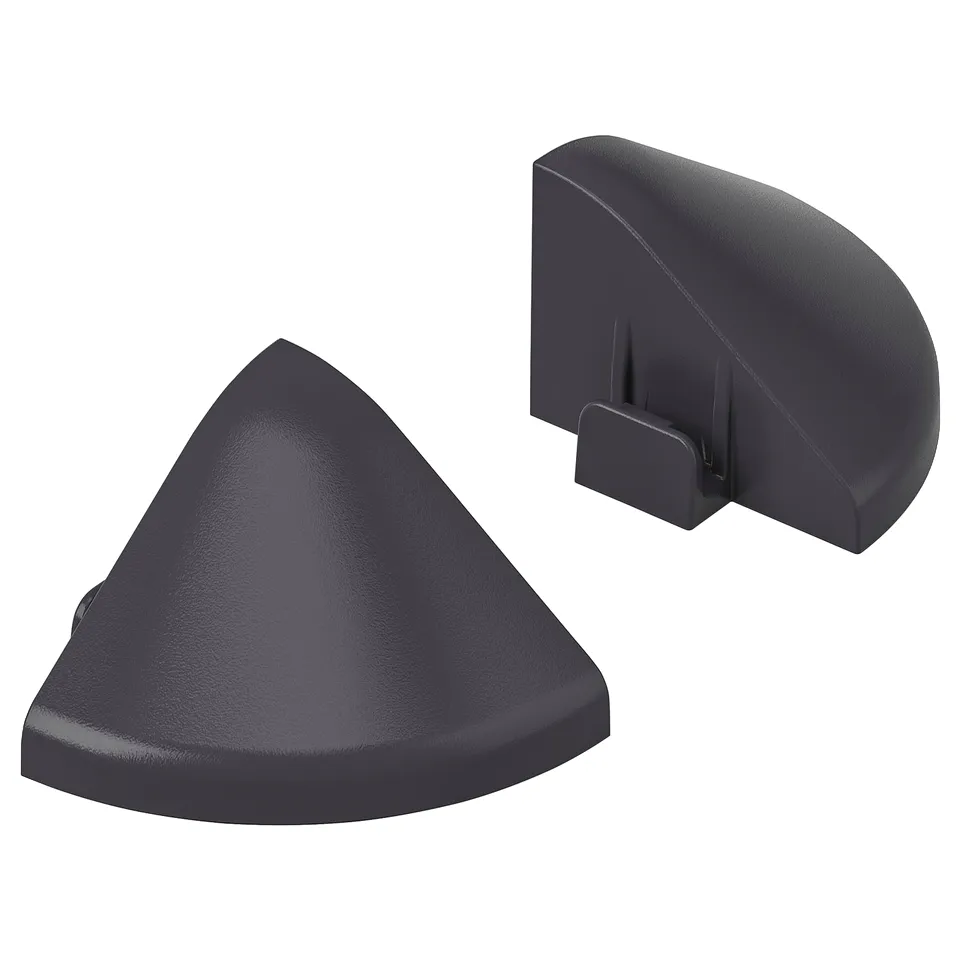 Black plastic corner caps for decking, semi-circular shape.