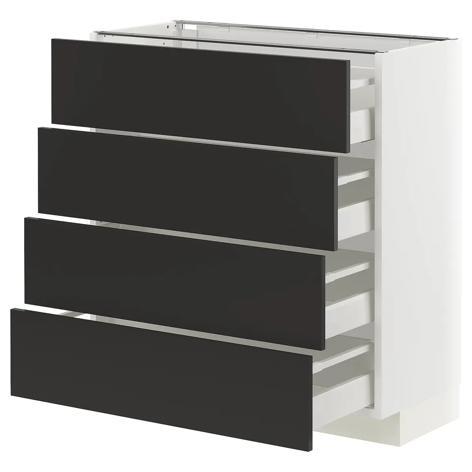 Modern kitchen cabinet, METOD brand, white & black, four drawers, sleek design.
